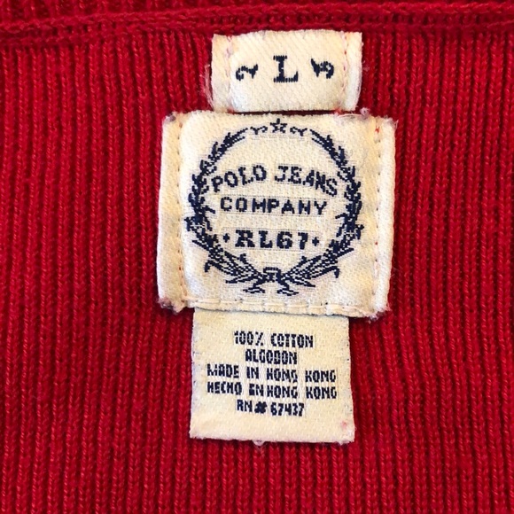 Vintage RALPH LAUREN Size Large Pullover Red Black Ribbed Cotton Embroidery Flag - Picture 12 of 16